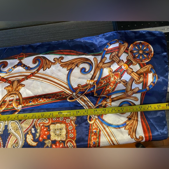 Large Vintage Square Silky Scarf w/ Blue, Pink & Gold Designs - Picture 5 of 7